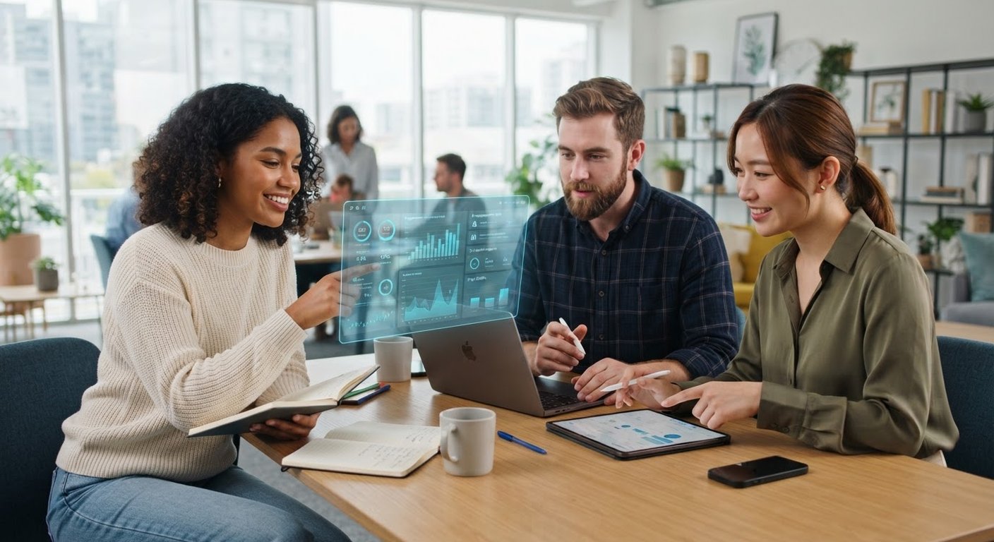 Small business team planning social media content with an AI assistant