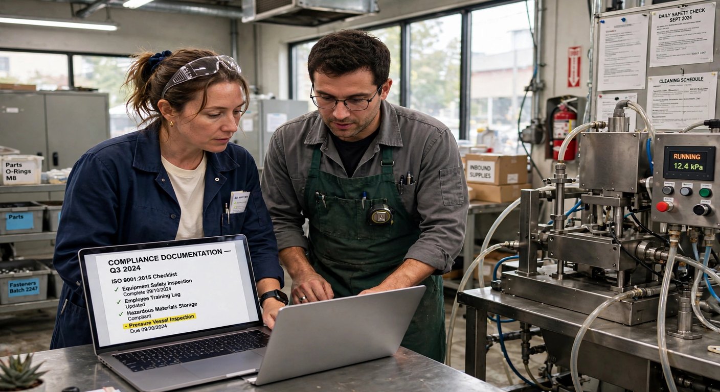 Small industrial team reviewing product security requirements