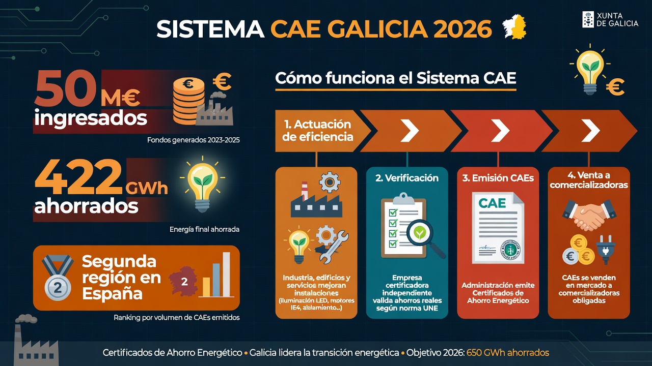 Infografía: Sistema de Certificados de Ahorro Energético (CAE) en Galicia 2026 - 50 M€ ingresados, 422 GWh ahorrados