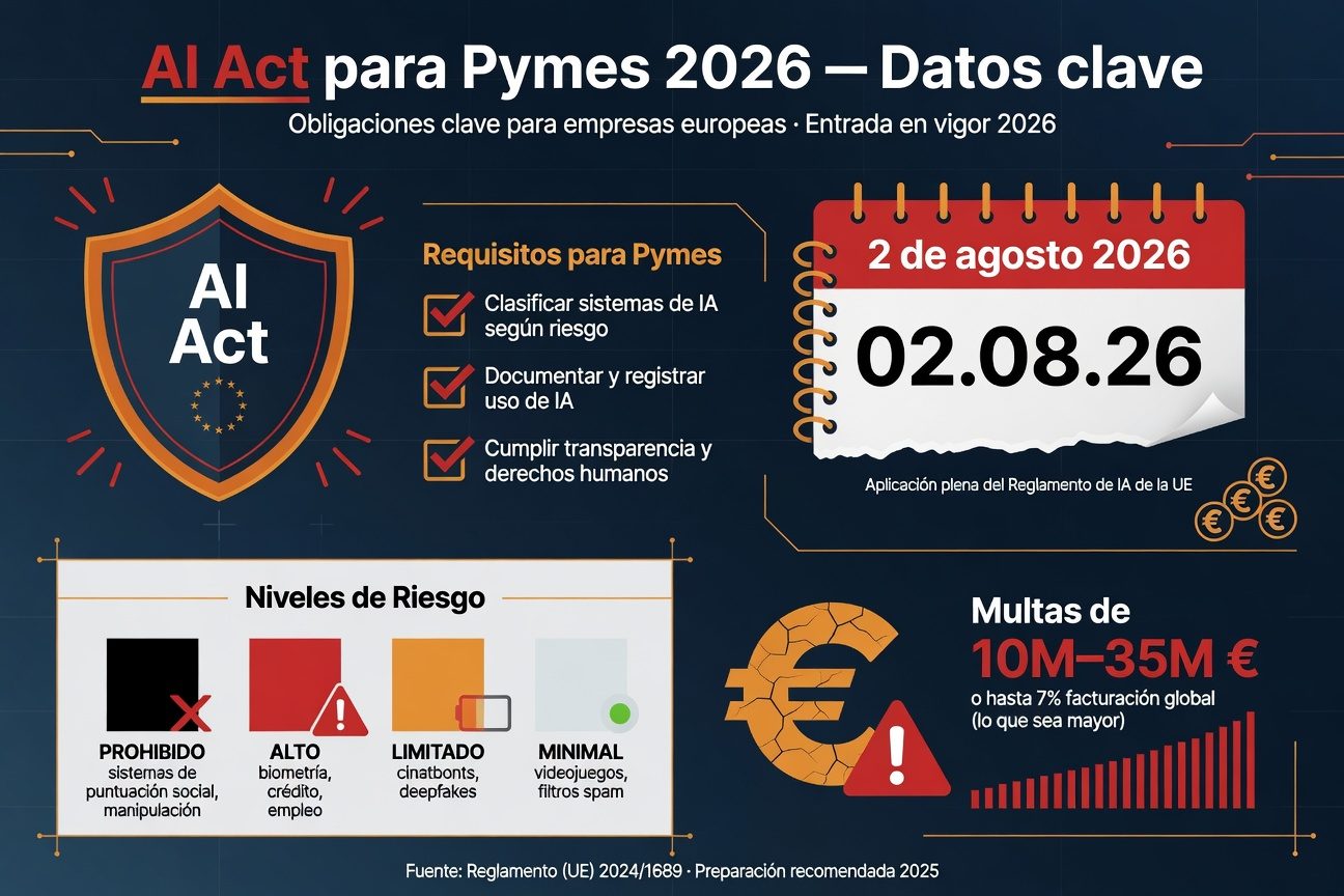 Infografía: AI Act para Pymes 2026, Fecha límite 2 agosto 2026, 4 niveles de riesgo, multas de hasta 35M€, checklist de cumplimiento
