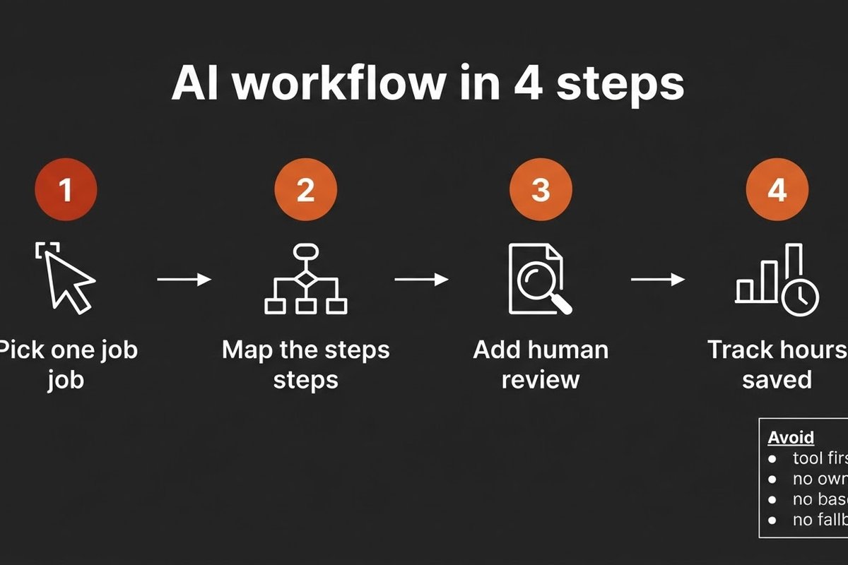 Infographic showing four steps from choosing one AI workflow to tracking hours saved, plus common failure modes