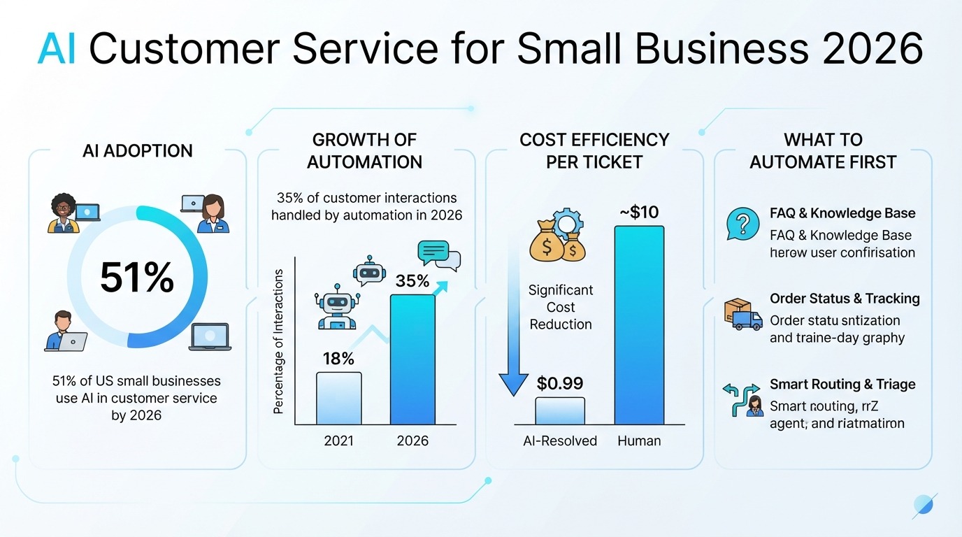 Infographic: AI customer service for small business in 2026, adoption rates, cost per ticket, and what to automate first