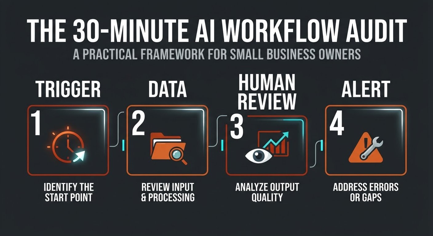 Infographic showing four AI workflow audit stages: trigger, data, human review, and alert