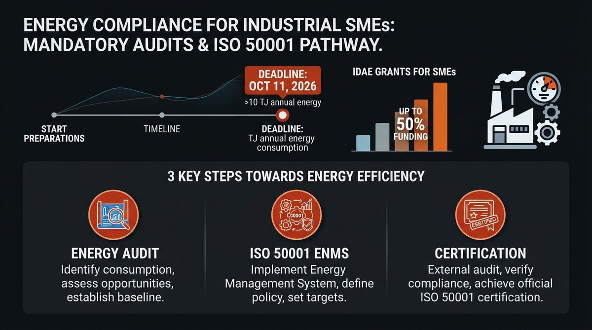 Infographic: timelines and thresholds for mandatory energy audit for industrial SMBs. >10 TJ: audit before Oct 11, 2026. >85 TJ: ISO 50001 before Oct 11, 2027. IDAE grant up to 50%.