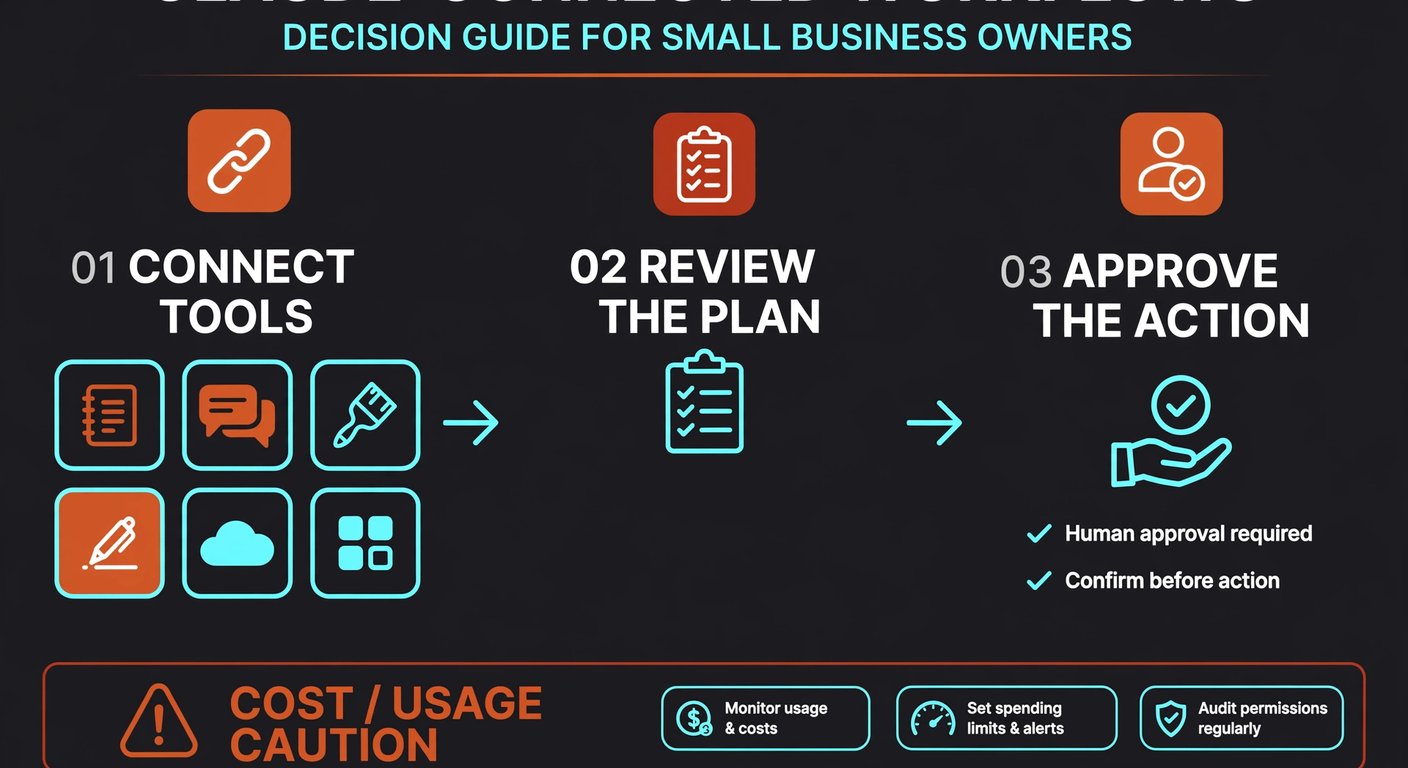 Infographic showing three steps for Claude-connected workflows: connect tools, review the plan, and approve the action, with cost and permissions checks