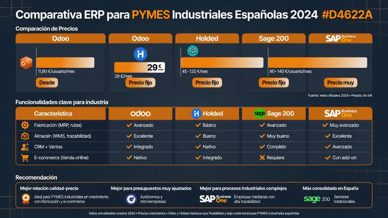 ERP comparison infographic: Odoo, Holded, Sage 200, and SAP Business One with per-user pricing and total cost over 3 years for a 20-employee SMB