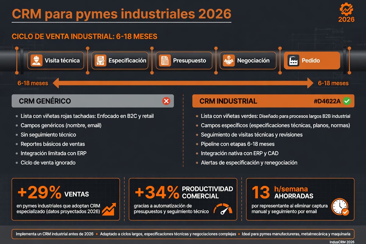 Infographic: the 6–18 month industrial sales cycle in five stages, comparison between generic CRM and industrial CRM, and sales and productivity improvement data