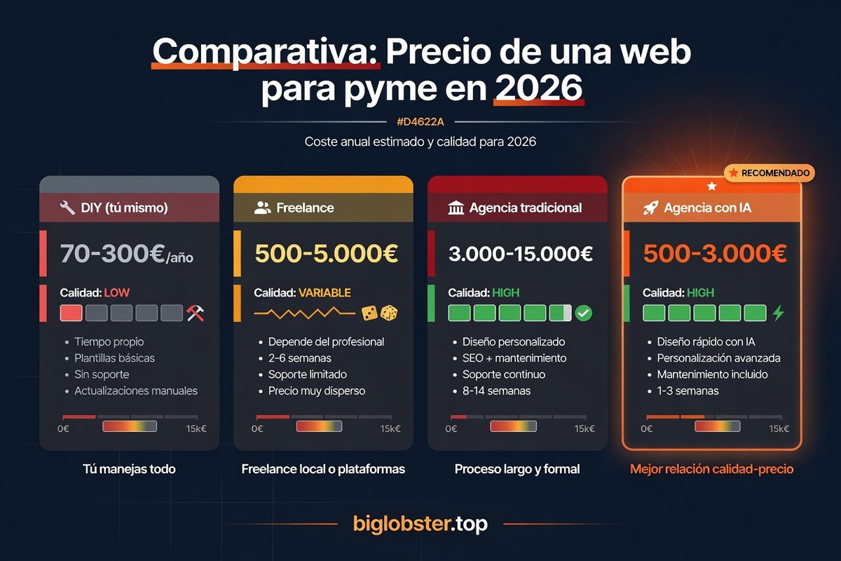 Infografía comparativa: precios de web para pyme en 2026, DIY (70-300€), Freelance (500-5.000€), Agencia tradicional (3.000-15.000€), Agencia con IA (500-3.000€)