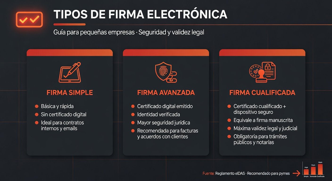 Infographic of the three levels of electronic signature: simple, advanced, and qualified, with their use cases for an SMB