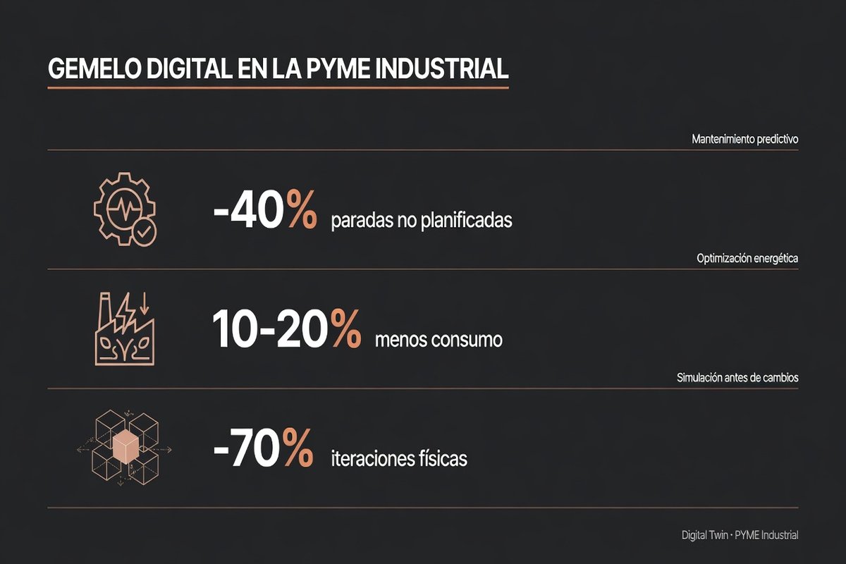 Infographic: three digital twin use cases with ROI for industrial SMBs (predictive maintenance, energy efficiency, and pre-testing)