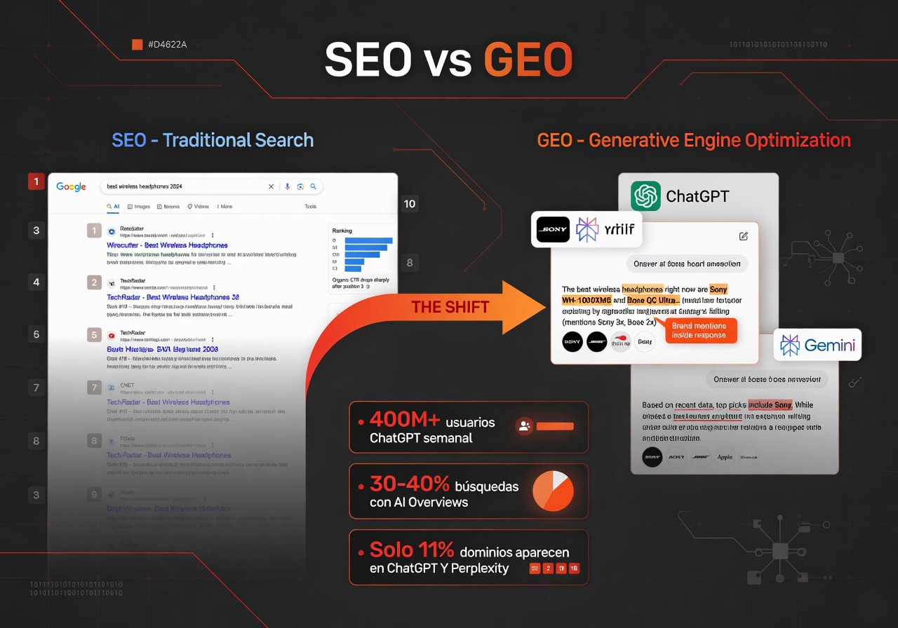 Infografía comparativa: SEO vs GEO, 400M+ usuarios ChatGPT, 388% crecimiento Perplexity, 30-40% búsquedas con AI Overviews, 11% dominios en ChatGPT y Perplexity simultáneamente