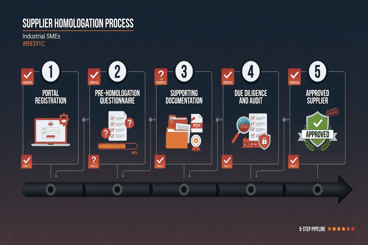 Infografía del proceso de homologación de proveedores: registro en portal, cuestionario de pre-homologación, documentación soporte, due diligence y alta como proveedor