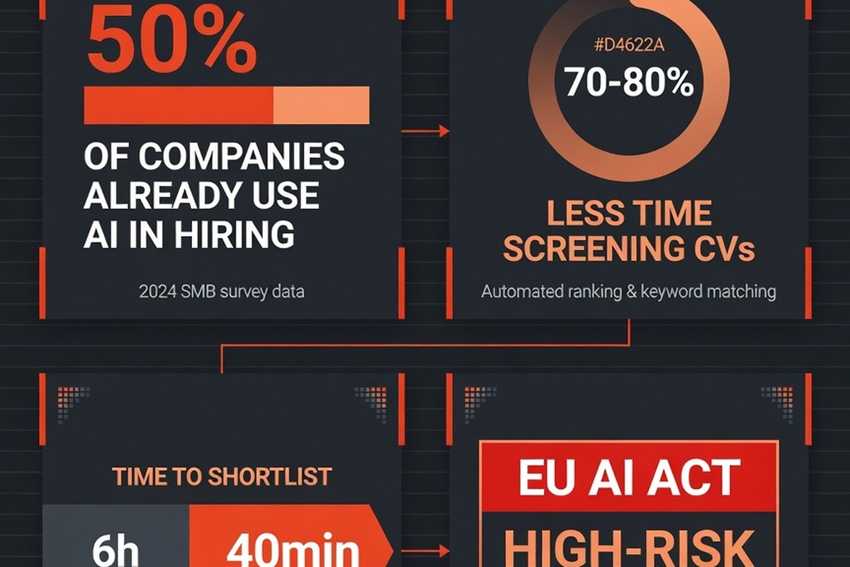 Infographic: 50% of companies use AI in hiring, 70-80% less time screening CVs, 6 hours to 40 minutes per opening, and the AI Act treats recruiting as high-risk from August 2026