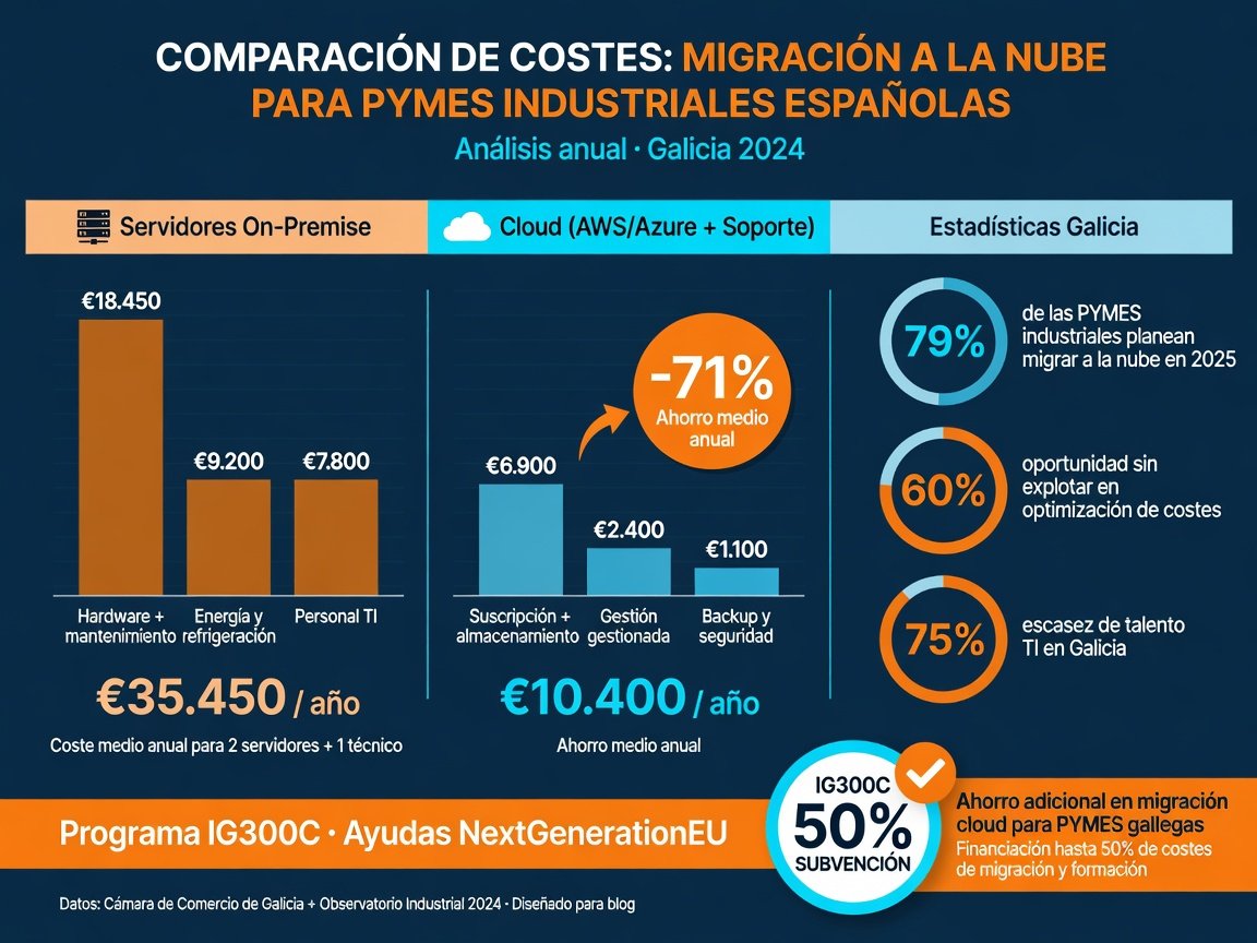 Infografía: comparativa de costes anuales servidor local vs nube para pyme industrial, y ahorro con ayudas Igape. Estilo oscuro con acentos naranja y azul.
