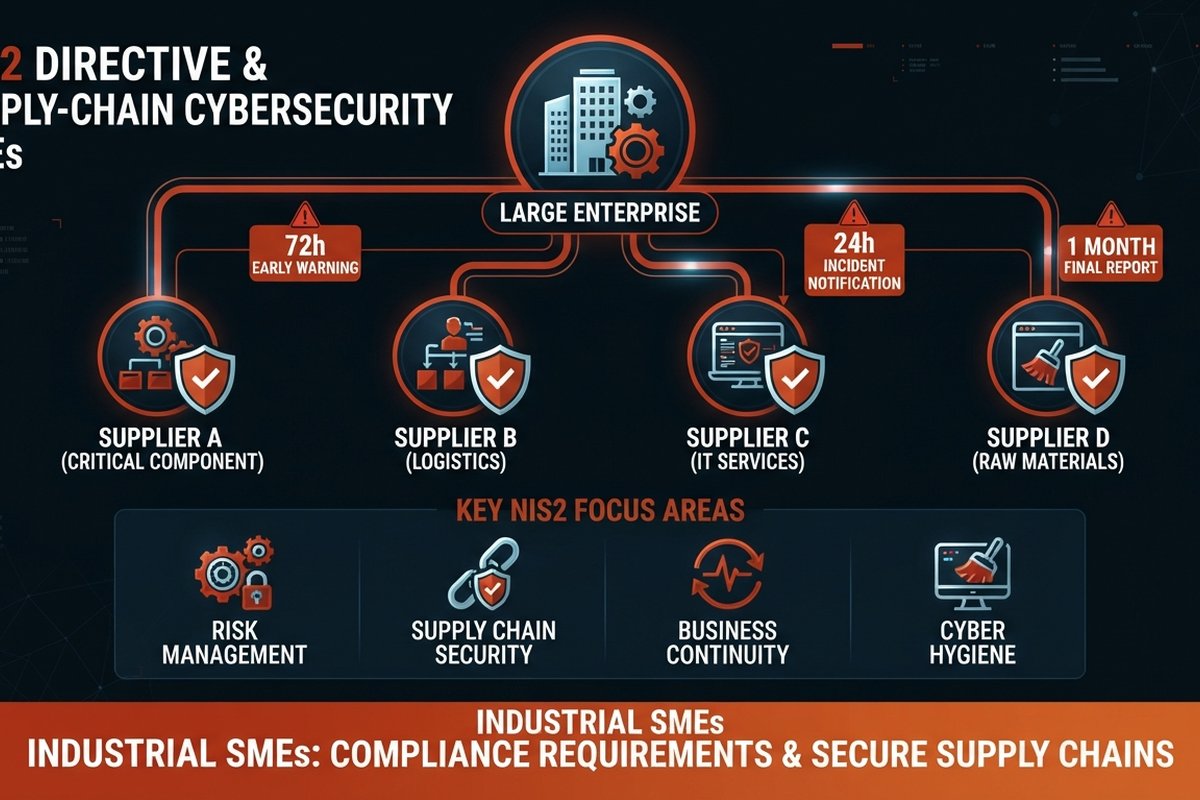 Infographic: a large company connects through the supply chain with several SMB suppliers who must meet cybersecurity requirements under NIS2