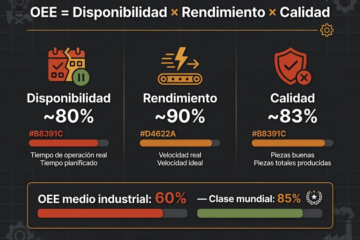 Infographic: OEE formula = Availability × Performance × Quality, with industry average at 60% versus world-class 85%