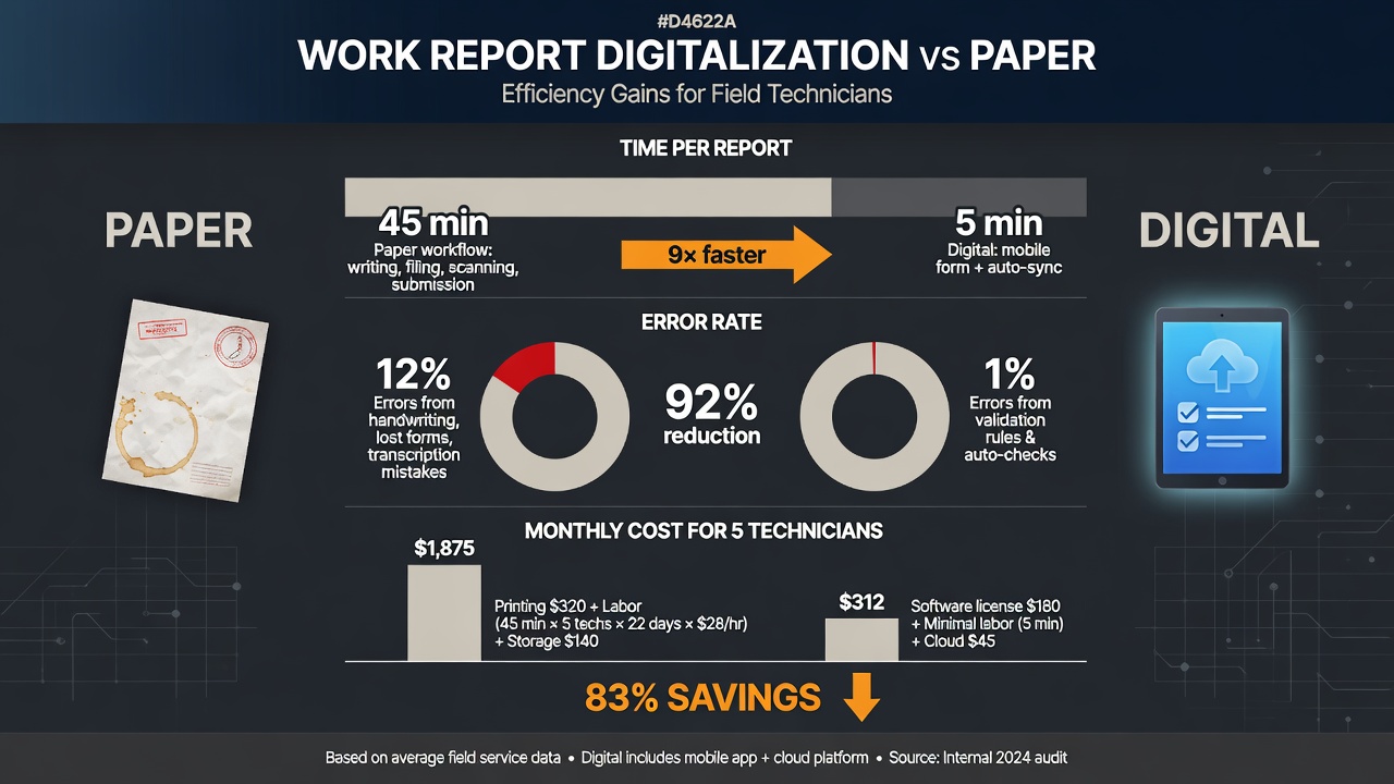 Infografía: proceso de parte de trabajo digital vs papel, tiempos y costes comparados