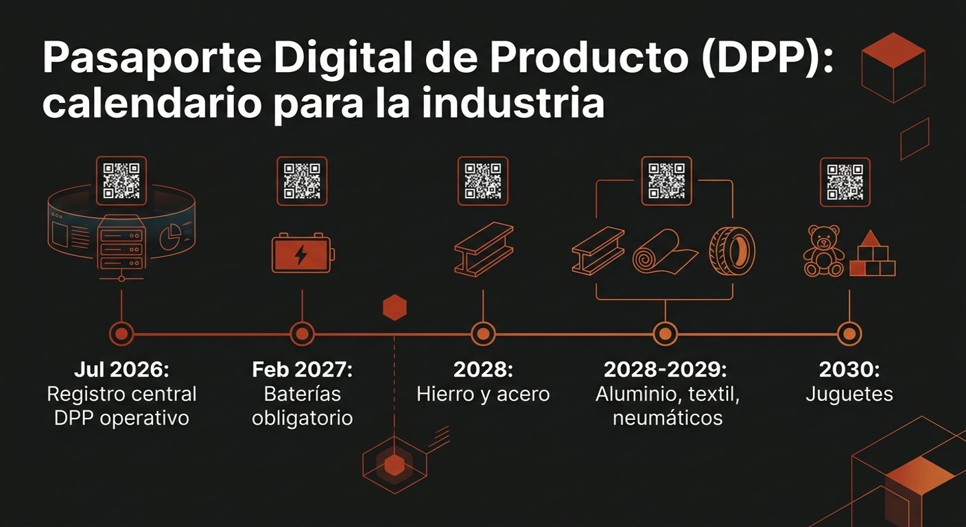 Infographic of the Digital Product Passport rollout schedule for industry: central registry live July 2026, batteries mandatory February 2027, steel around 2028, aluminum textiles tires 2028-2029, toys 2030