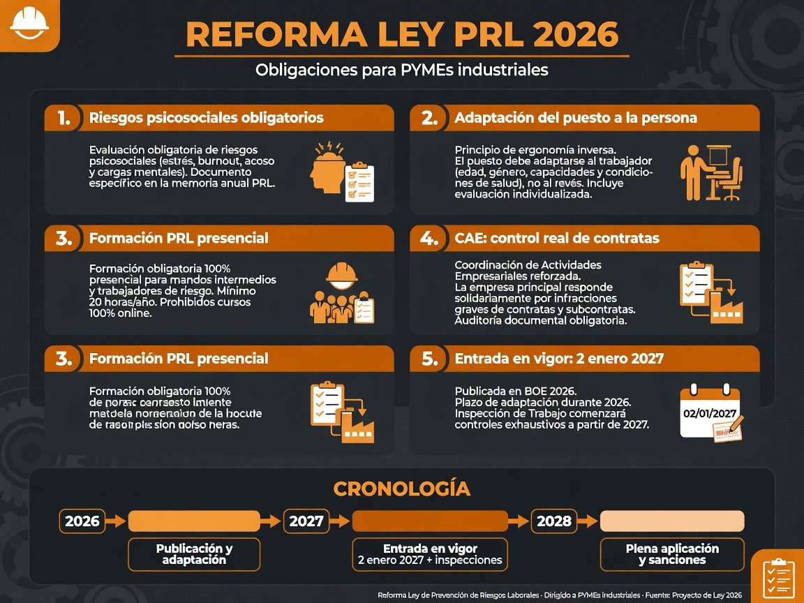 Infographic: the 5 changes of the 2026 Workplace Safety Law reform for industrial SMBs and timeline through 2028