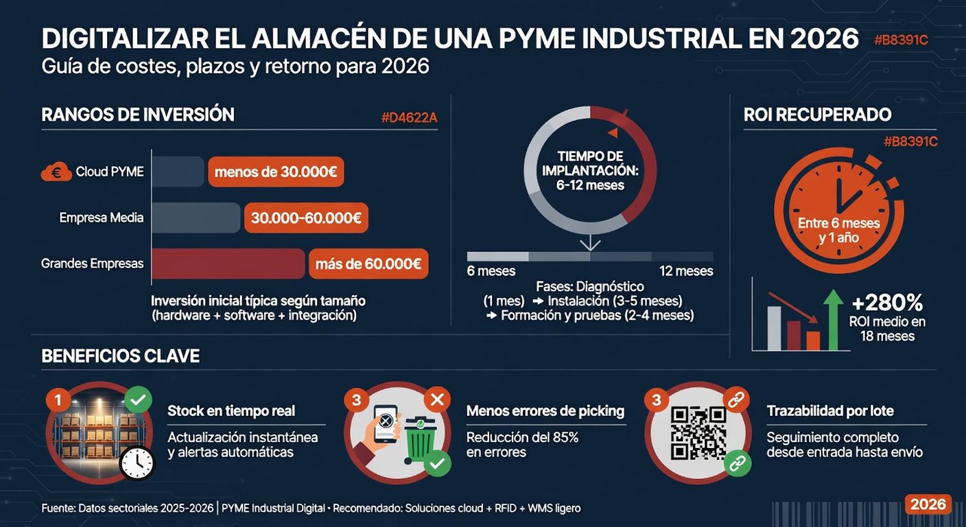 Infographic: cost of digitalizing an industrial SMB warehouse in 2026, investment ranges, 6-12 month ROI, and main benefits