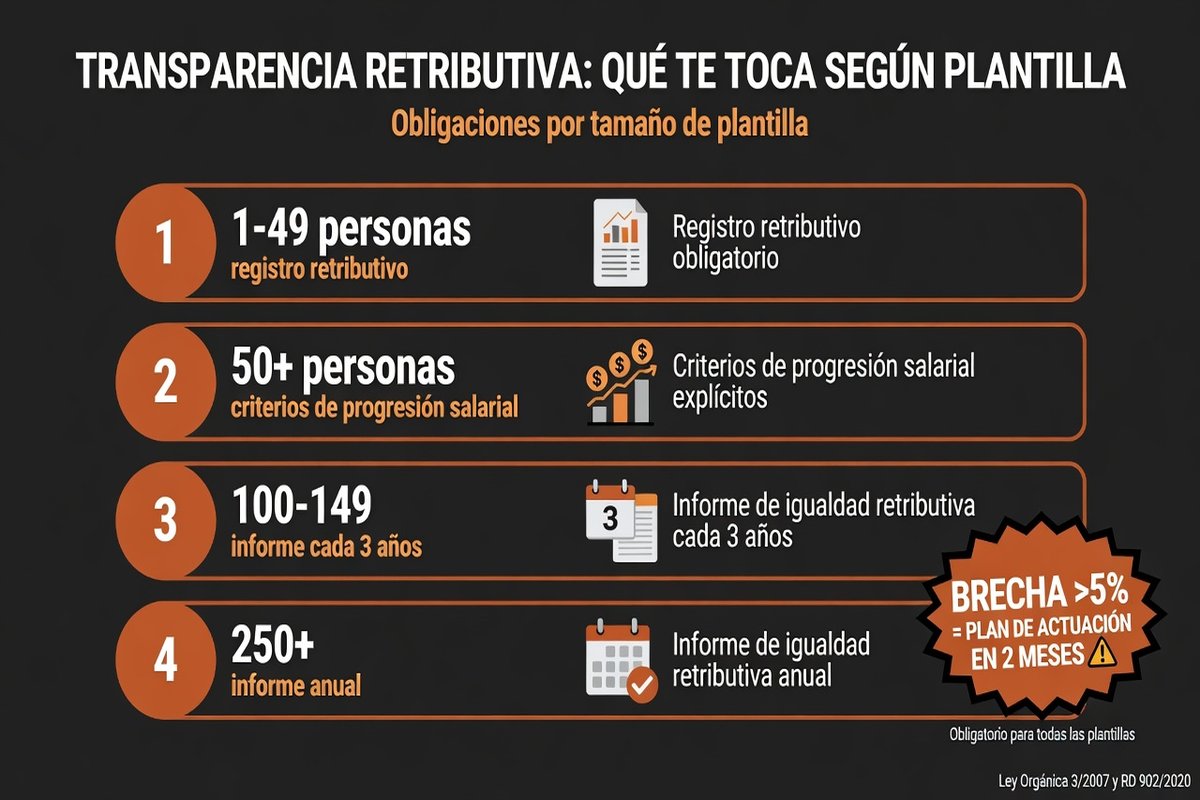 Infographic: pay transparency obligations by company size, from salary register to annual reporting