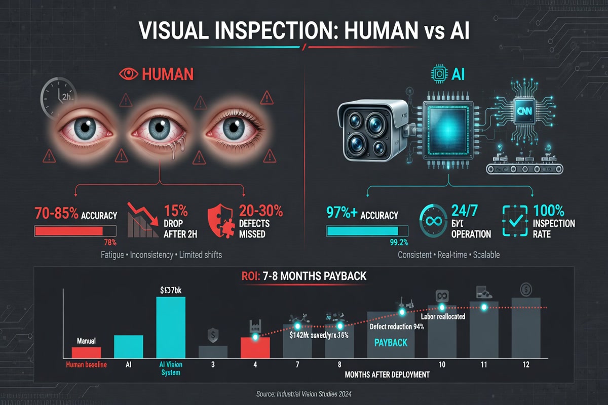 Infografía: Comparativa inspección humana vs visión artificial. Humano: 70-85% precisión, fatiga a los 120 min. IA: 97%+ precisión, 24/7, ROI 7-8 meses.