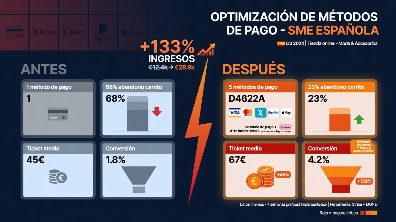 Comparison infographic: before, QuickPay had 1 payment method, 68% abandonment, €45 average ticket and 1.8% conversion. After: 5 methods, 23% abandonment, €67 average ticket and 4.2% conversion. Revenue +133%.