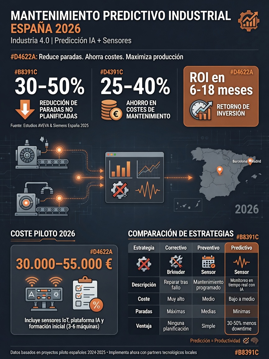 Infografía: mantenimiento predictivo en España 2026. Reducción de paradas 30-50%, ahorro en costes 25-40%, ROI en 6-18 meses, coste de piloto 30.000-55.000€. Comparativa de tipos de mantenimiento.