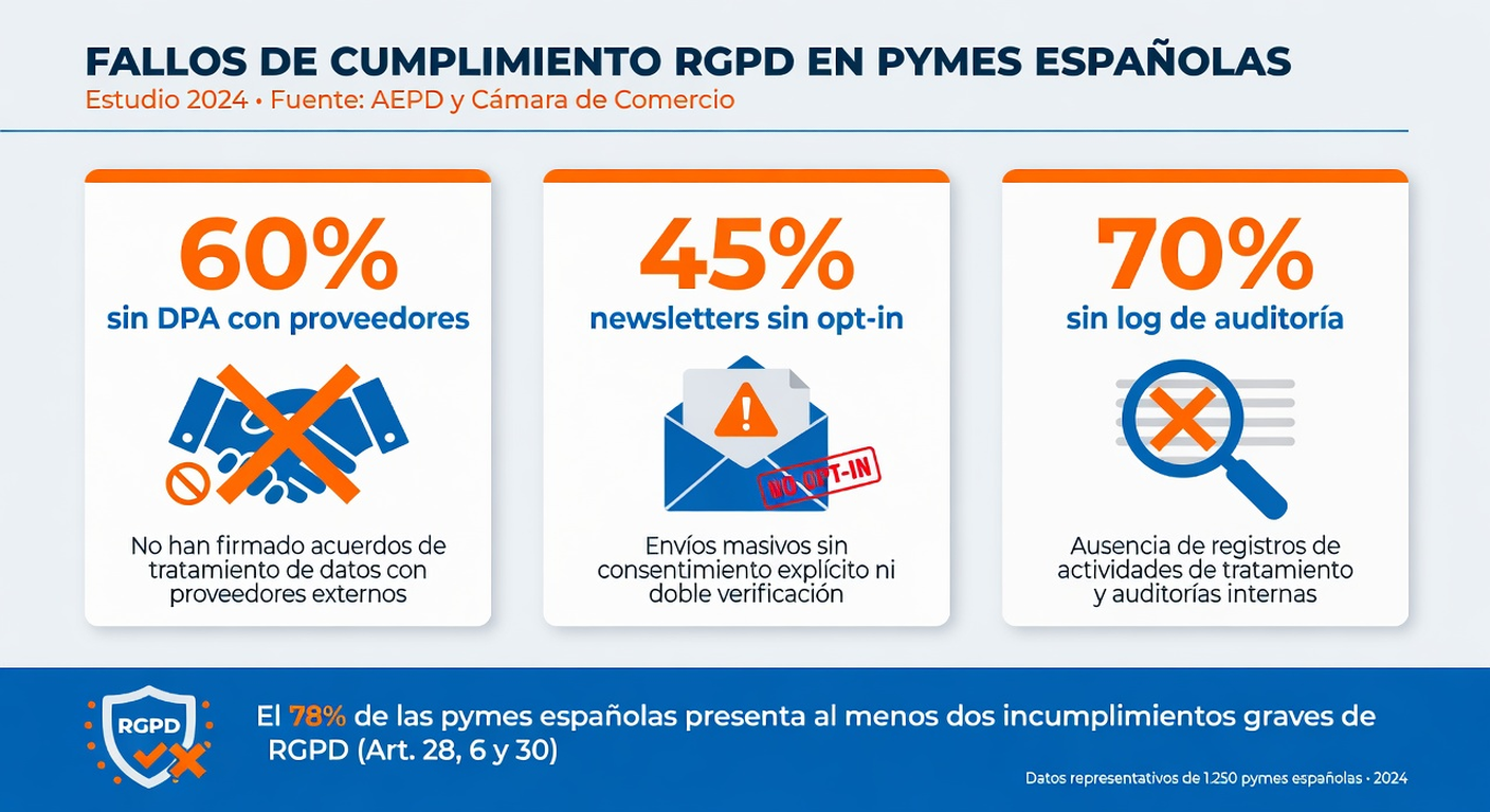 Infografía: principales incumplimientos RGPD en pymes españolas — 60% sin DPA con proveedores, 45% newsletters sin opt-in, 70% sin log de auditoría