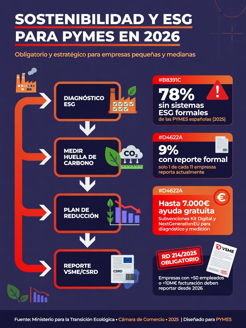 Infografía: Sostenibilidad y ESG para PYMES en 2026. Flujo: Diagnóstico ESG → Medir Huella de Carbono → Plan de Reducción → Reporte VSME/CSRD. Datos clave: 78% sin sistemas ESG, 9% con reporte formal, hasta 7.000€ ayuda gratuita, RD 214/2025 obligatorio.